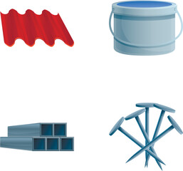 Repair material icons set cartoon vector. Industrial construction supplies. Construction and repair work