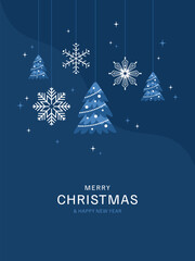 Obraz na płótnie Canvas Shining decorations with Christmas trees and snowflakes on dark blue background. Christmas and New Year greeting card. Flat vector illustration