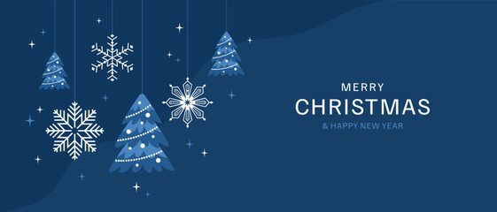 Naklejka na ściany i meble Christmas and New Year greeting card. Shining decorations with Christmas trees and snowflakes on dark blue background. Flat vector illustration