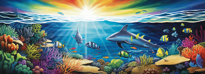 Fototapeta na wymiar Illustrate an ocean scene with a rainbow cutting through the water.