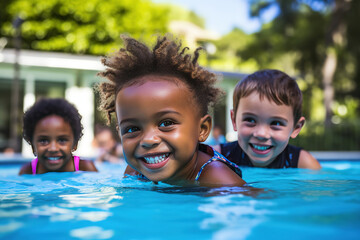 Diverse young children enjoying swimming lessons in pool, learning water safety skills, joyful activity,