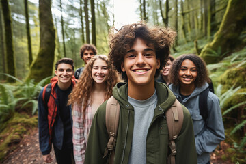 Diverse group of teenagers hiking and enjoying nature, a group of friends exploring the great outdoors, embracing an active lifestyle while bonding and creating lifelong memories - obrazy, fototapety, plakaty