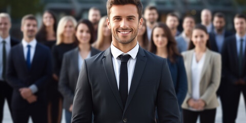 Young businessman standing in front of large group of people.
