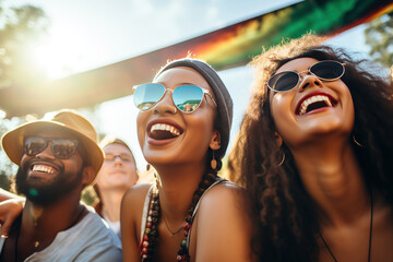 Diverse group of friends candidly enjoying a music festival, embodying the energy and vitality of...