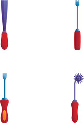 Cobbler instrument icons set cartoon vector. Sewing and repair footwear. Custom shoe atelier, workshop