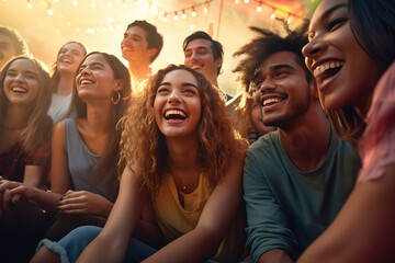 Diverse group of friends candidly enjoying a music festival, embodying the energy and vitality of live concert fun, millennials, generation z - obrazy, fototapety, plakaty