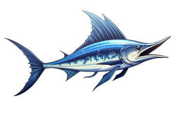 Detailed illustration of a blue marlin swordfish jumping out of the ocean isolated on a white background