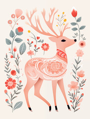 Cervo fofo com flores e plantas - Ilustração infantil no estilo escandinavo simples 