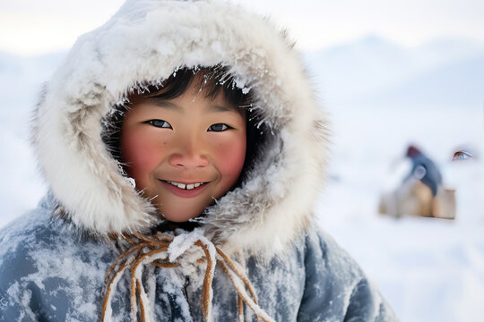 Closeup portrait of a joyful Inuit native American child smiling facing the camera on a winter day