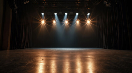 Spotlights glowing on an empty dark stage with dark curtains