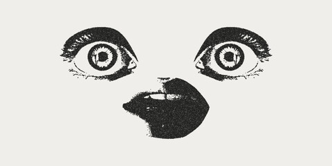 Retro photocopy style eyes and mouth.  Grain effect and stippling. Vector dots texture.	
