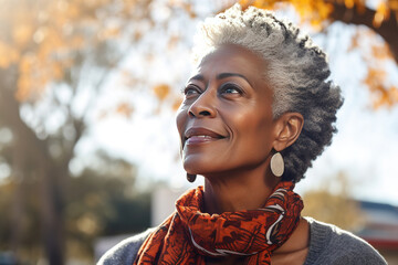 Close-up outdoor portrait of a thoughtful senior black woman, an emblem of middle-class black America, showcasing wisdom and resilience