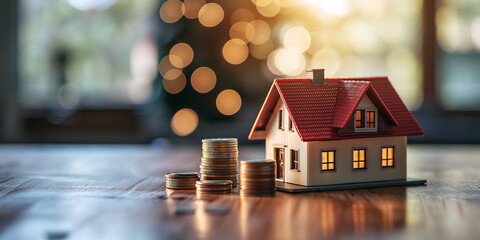 Small model house and stacked coins on wooden table and home background, product display