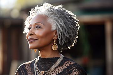 Close-up outdoor portrait of a thoughtful senior black woman, an emblem of middle-class black America, showcasing wisdom and resilience