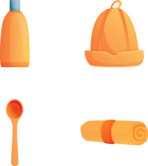 Bathhouse inventory icons set cartoon vector. Equipment for steam room visiting. Sauna, therapy and relaxation