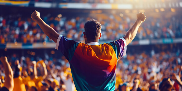 Man In A Vivid Sports Jersey Celebrates A Home Run At A Baseball Game