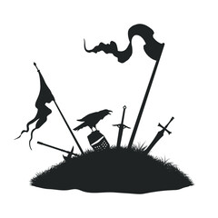 Medieval battlefield landscape. Isolated silhouette of warrior grave. Knight mound with sword, helmet and flags. Middle age battle scene
