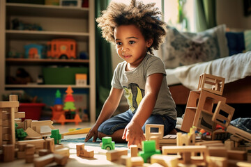A young African American toddler playing with wooden block toys indoors
