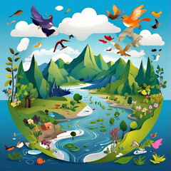 Illustration depicting the beauty and diversity of nature around the world to celebrate World Earth Day