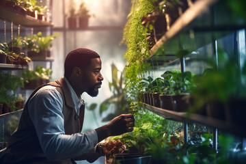 African American botanist inspecting plants in a lab using genetic engineering and hydroponics. A candid snapshot of modern plant science and biotechnology in action