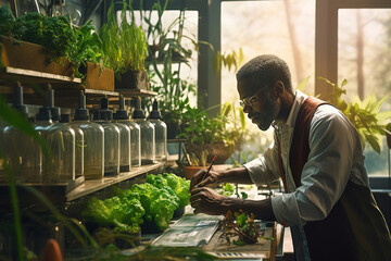 African American botanist inspecting plants in a lab using genetic engineering and hydroponics. A candid snapshot of modern plant science and biotechnology in action