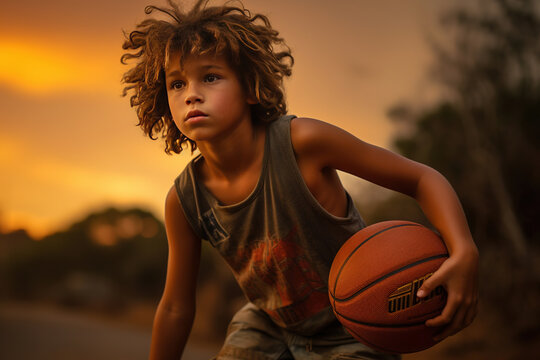 A young boy practices his basketball skills, aiming for the basket. His determination underscores the joy of the sport and the thrill of achievement.