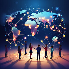 Illustration of people celebrating World Telecommunications and Information Society Day by exploring the concept of communication that connects the whole world
