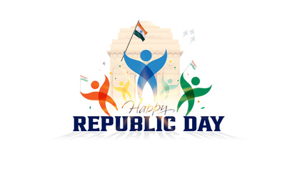 Happy Republic day text with India gate parade concept on 26 january. Freedome celebration, patriotic background. Vector illustration