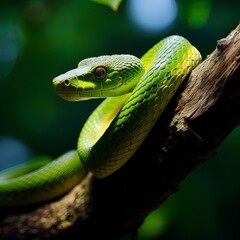 Image of a Green Tree Snake on a Branch, generative ai.