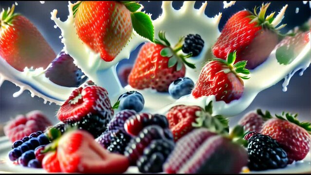 Strawberries, blueberries, raspberries, and blackberries caught mid-air with a splash of milk.
