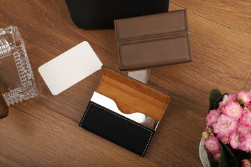Colored leather business card holder, Genuine leather business card holder, concept shot, top view,...