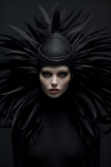Naklejka na ściany i meble portrait of a woman in black feather hat.Minimal creative fashion concept