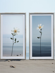 white flowers on the beach with frames Minimal nature creative concept