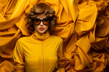 Photograph of a powerful young lady wearing yellow jacket on yellow background. - obrazy, fototapety, plakaty