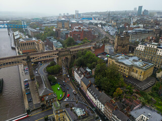 Fototapeta na wymiar Drone Aerial Of Newcastle Upon Tyne City Centre, Over The River Tyne. United Kingdom Aerial. 