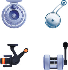 Fishing reel icons set cartoon vector. Equipment for fishing. Fisherman tool, pastime, hobby