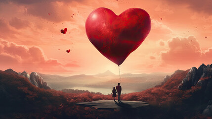 A couple holding a heart-shaped balloon with a beautiful background - obrazy, fototapety, plakaty