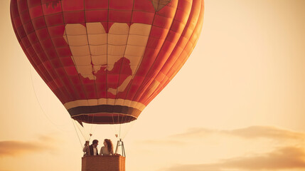 A photo of a couple taking a romantic hot air balloon ride with "love is in the air" written on the balloon