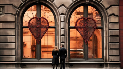 A photo of a couple admiring a heart-shaped window at a historic building - obrazy, fototapety, plakaty