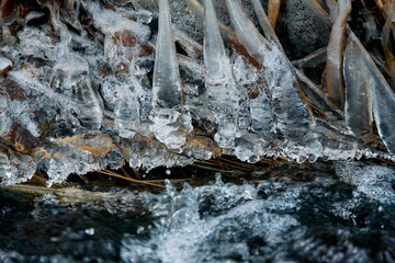 Beauty of winter as ice forms along a stream. Creating a tranquil  scene with flowing water.