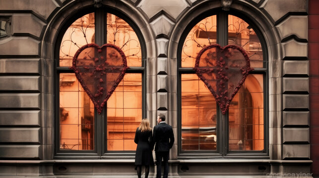 A photo of a couple admiring a heart-shaped window at a historic building
