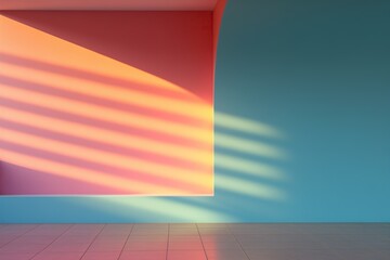 Sunlight on a colorful neon vivid wall, sunbeams in a room, sunny day scene for product presentation. Minimalist interior.