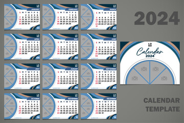 Vector Desk Calendar 2024 Template Abstract Blue Themes
