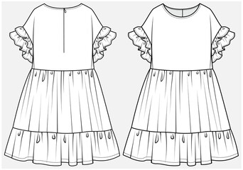 FRILLED DOLMAN SLEEVES TIERED DRESS DESIGNED FOR TEEN GIRLS AND KID GIRLS IN VECTOR ILLUSTRATION FILE