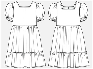 PUFF SLEEVES TIERED DRESS DESIGNED FOR TEEN AND KID GIRLS IN VECTOR ILLUSTRATION FILE