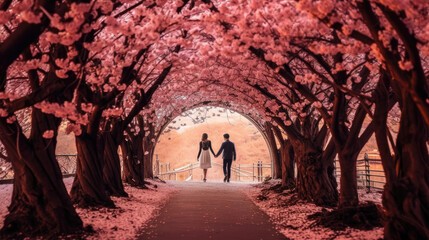 A photo of a couple holding hands and walking through a heart-shaped tunnel made of cherry blossom trees