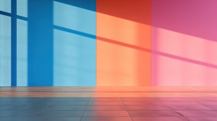 Sunlight on a colorful neon vivid wall, sunbeams in a room, for product presentation. Minimalist interior
