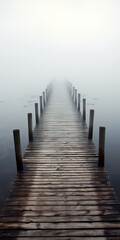 Wooden walkway on a foggy lake - obrazy, fototapety, plakaty