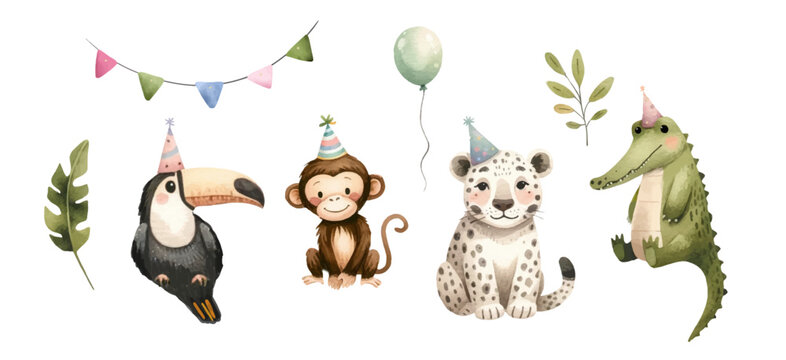 Collection of Birthday Jungle Animals illustrations. Watercolor colorful clip art elements, ready to print. Perfect for invitation, card, banner, decorations, stickers, patterns
