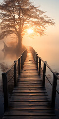 Obraz premium Wooden walkway on a foggy lake